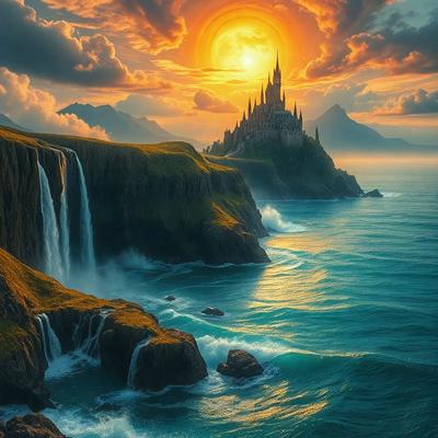 Primary subject: A beautiful castle with a tall tower, situated on a cliff overlooking the ocean.

Setting/background: The castle is surrounded by a lush green landscape, with a waterfall nearby. The ocean is visible in the background, creating a serene and picturesque scene.

Visual style: The image is a digital artwork, featuring a vibrant and detailed depiction of the castle and its surroundings.

Colors and mood: The colors in the image are predominantly blue